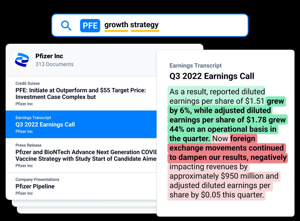 AlphaSense search interface showing earnings transcripts, analyst reports, and highlighted financial insights for Pfizer
