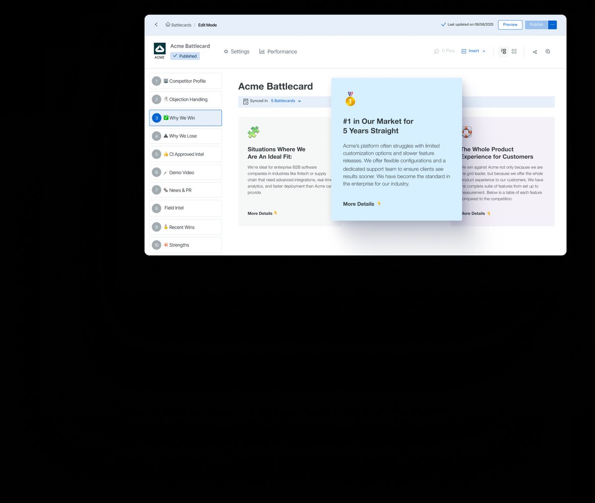 Crayon competitive intelligence battlecard editor showing competitor profile, objection handling, and win/loss sections