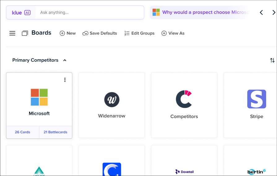 Klue AI-powered competitor boards showing tracked competitors with battlecard counts
